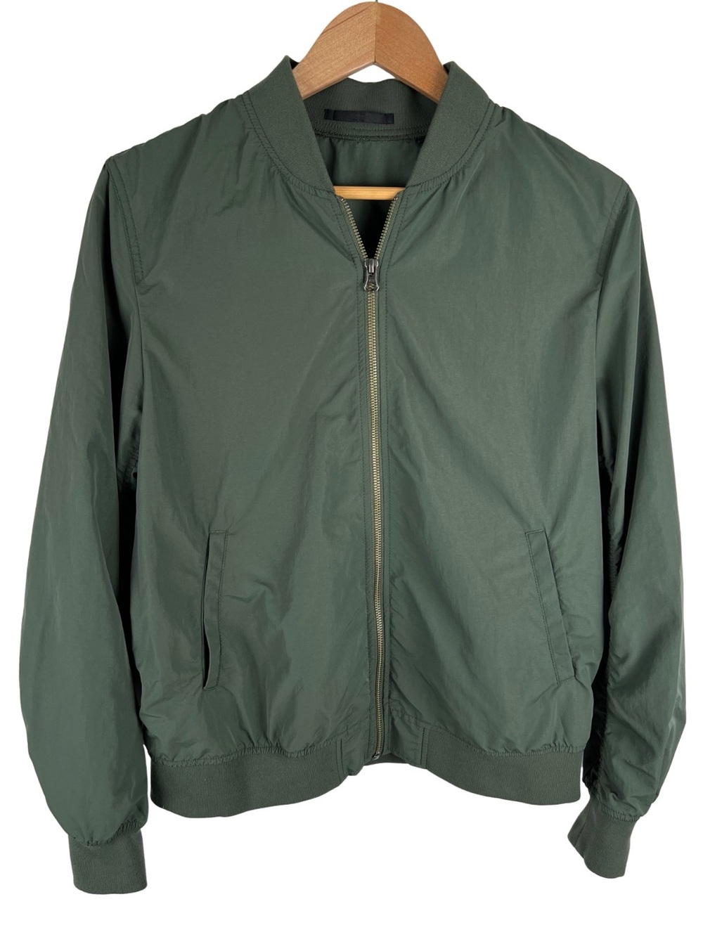 Uniqlo Bomber Jacket Womens Large Olive Green Ruched Sleeve Utility